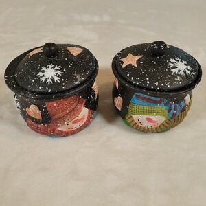Susan Winget Ceramic Joy Snowman Candle Jar Holder w/Lid Christmas Set Of 2 Jars